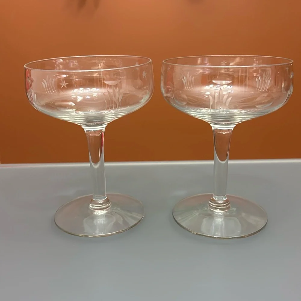 Vintage 1970s Etched 'Coupe' Champagne Glasses, Set of 2, estate sale, elegant